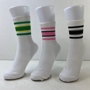 Womens Crew Socks Set 3 Stripes White Green Pink Black Yellow Gray